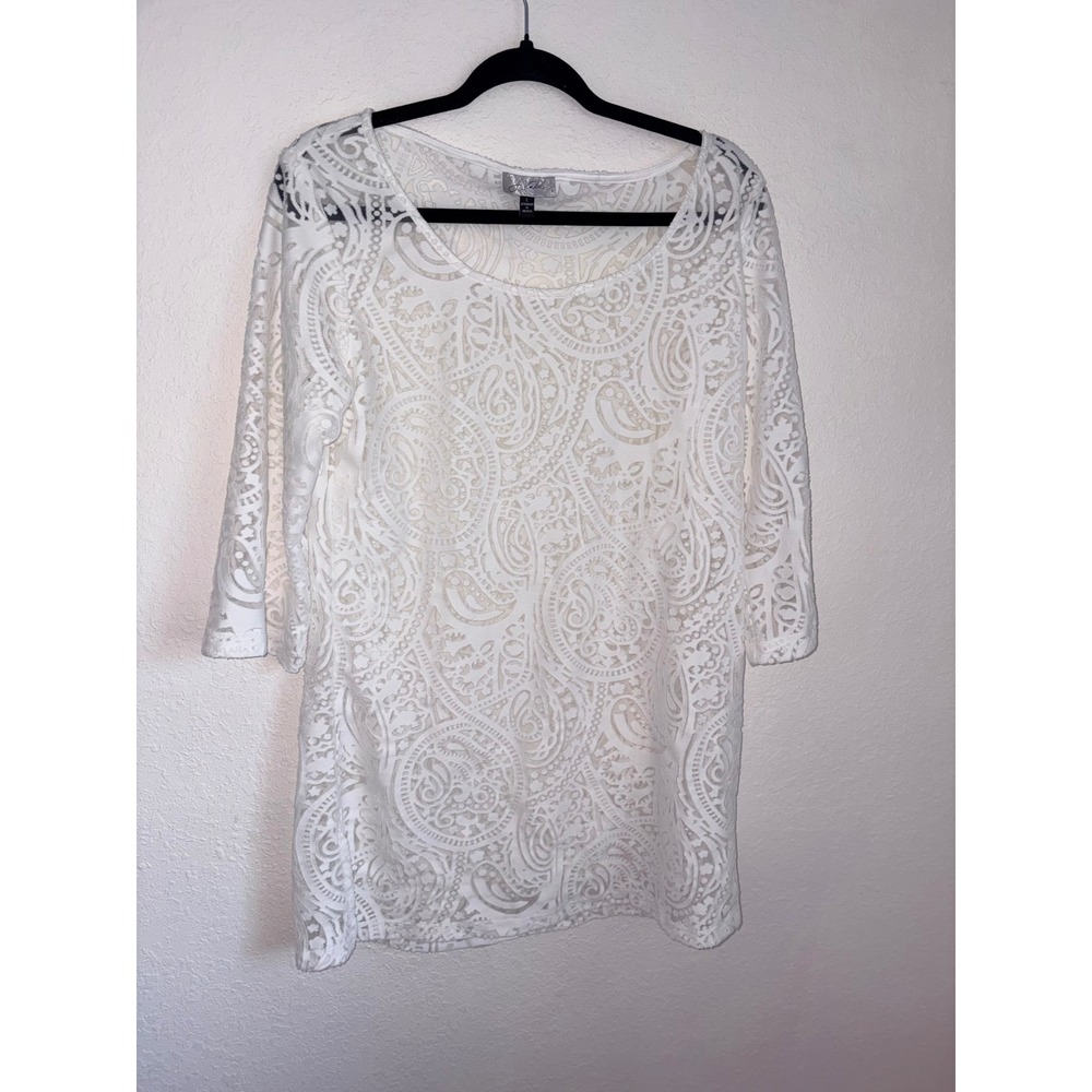 J Valdi White Paisley Lace Scoop Neck crotchet 3/4 Sleeve Top Style Large swim‎